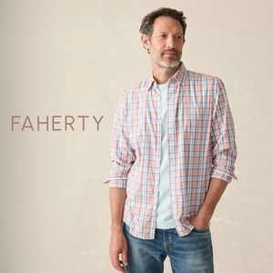 Faherty Movement Shirt XL Coral Blue Plaid Supima Stretch Button Down